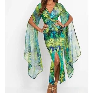 Venus Exaggerated Sleeve Tropical Green and Blue Women's Deep Vee Dress